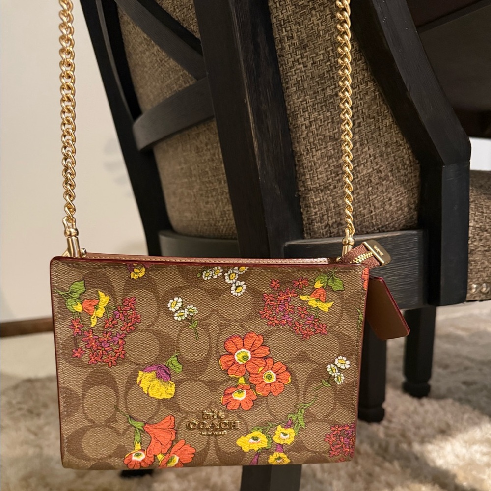 Coach Tan Leather Bag with Gold Chain with flowers